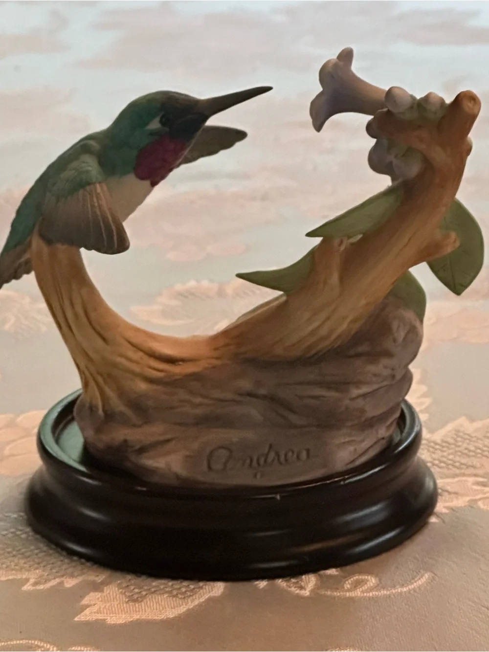 Andrea by Sadek #9615 Porcelain Hummingbird Figurine w/ Wood Base Vintage 1986